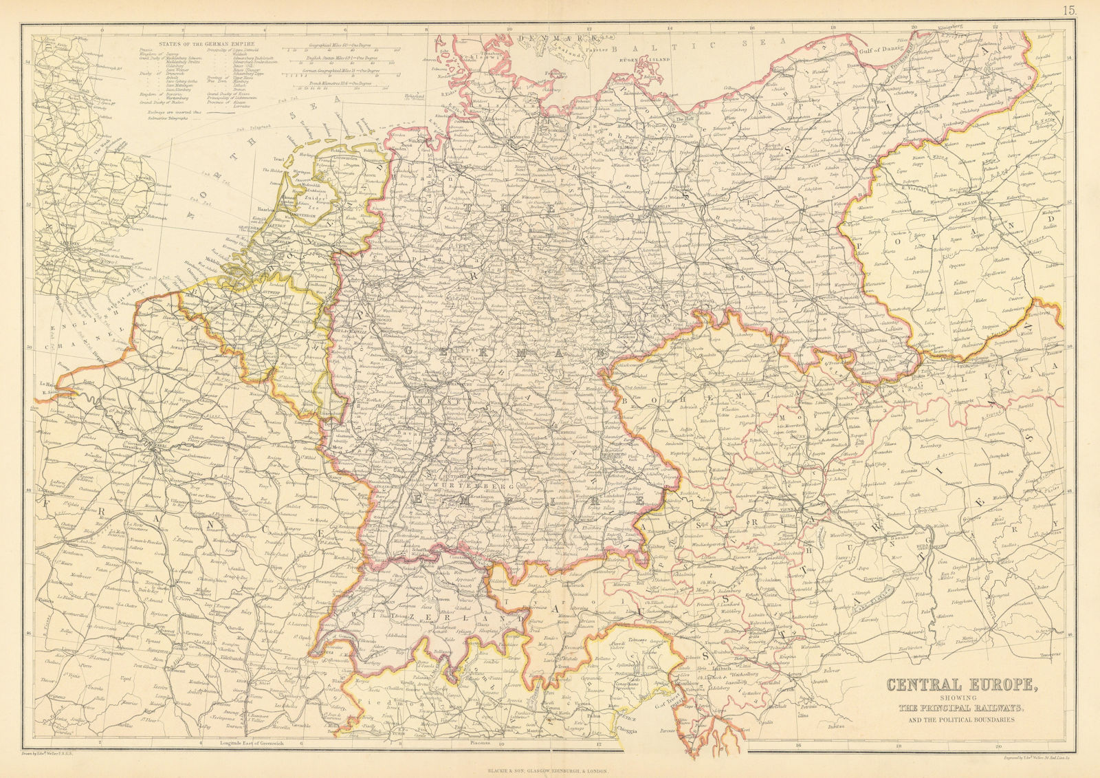 Associate Product CENTRAL EUROPE. Railways. Scale in German & English miles & km. BLACKIE 1886 map