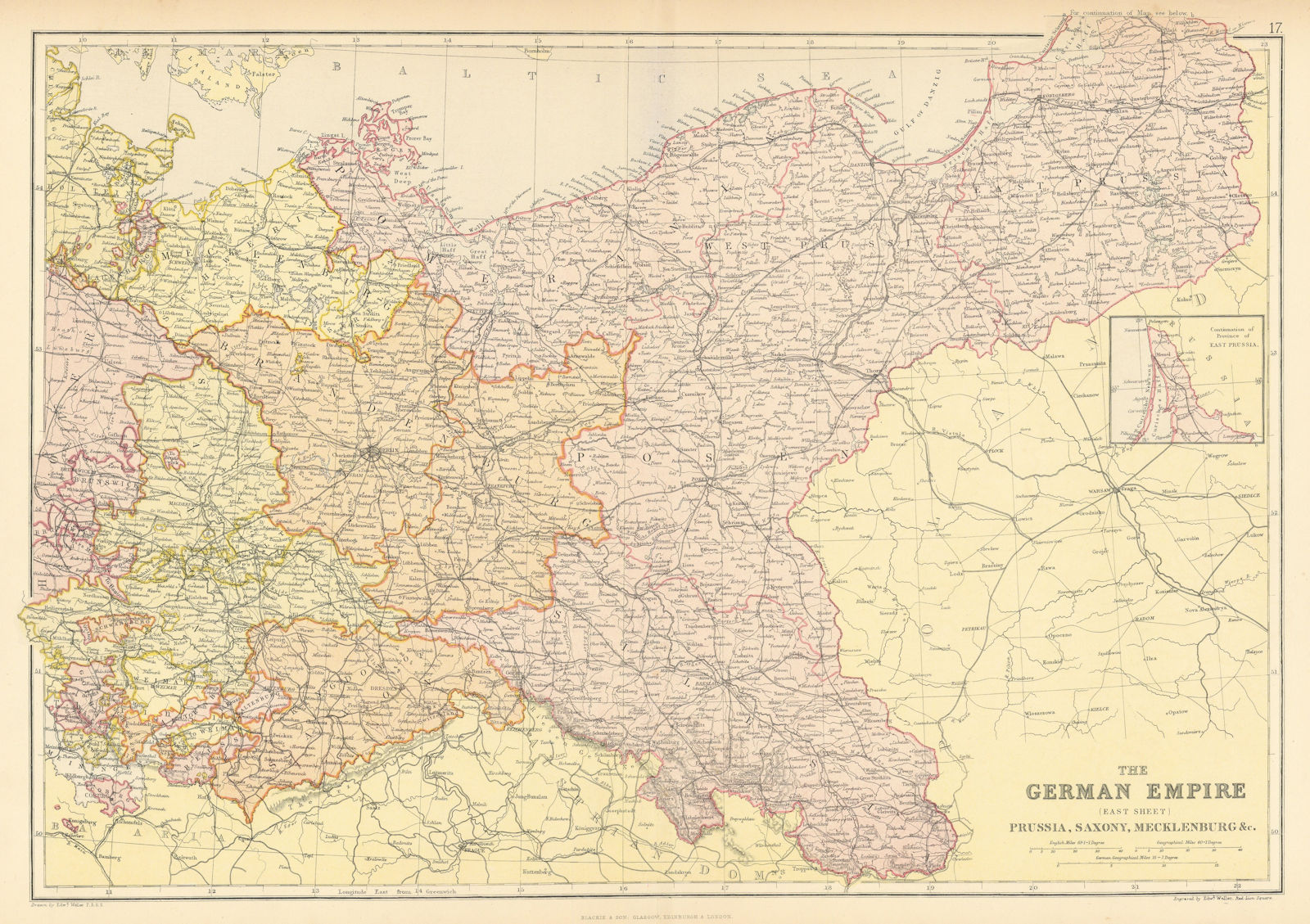 Associate Product GERMAN EMPIRE EAST. Prussia Saxony Mecklenburg.Poland.Railways. BLACKIE 1886 map