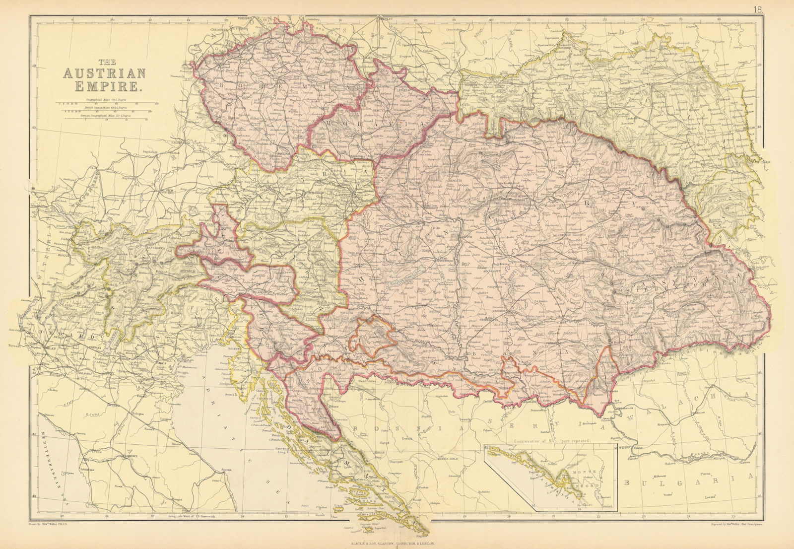 AUSTRIAN EMPIRE. railways. Bohemia Dalmatia Galicia Moravia. BLACKIE 1886 map