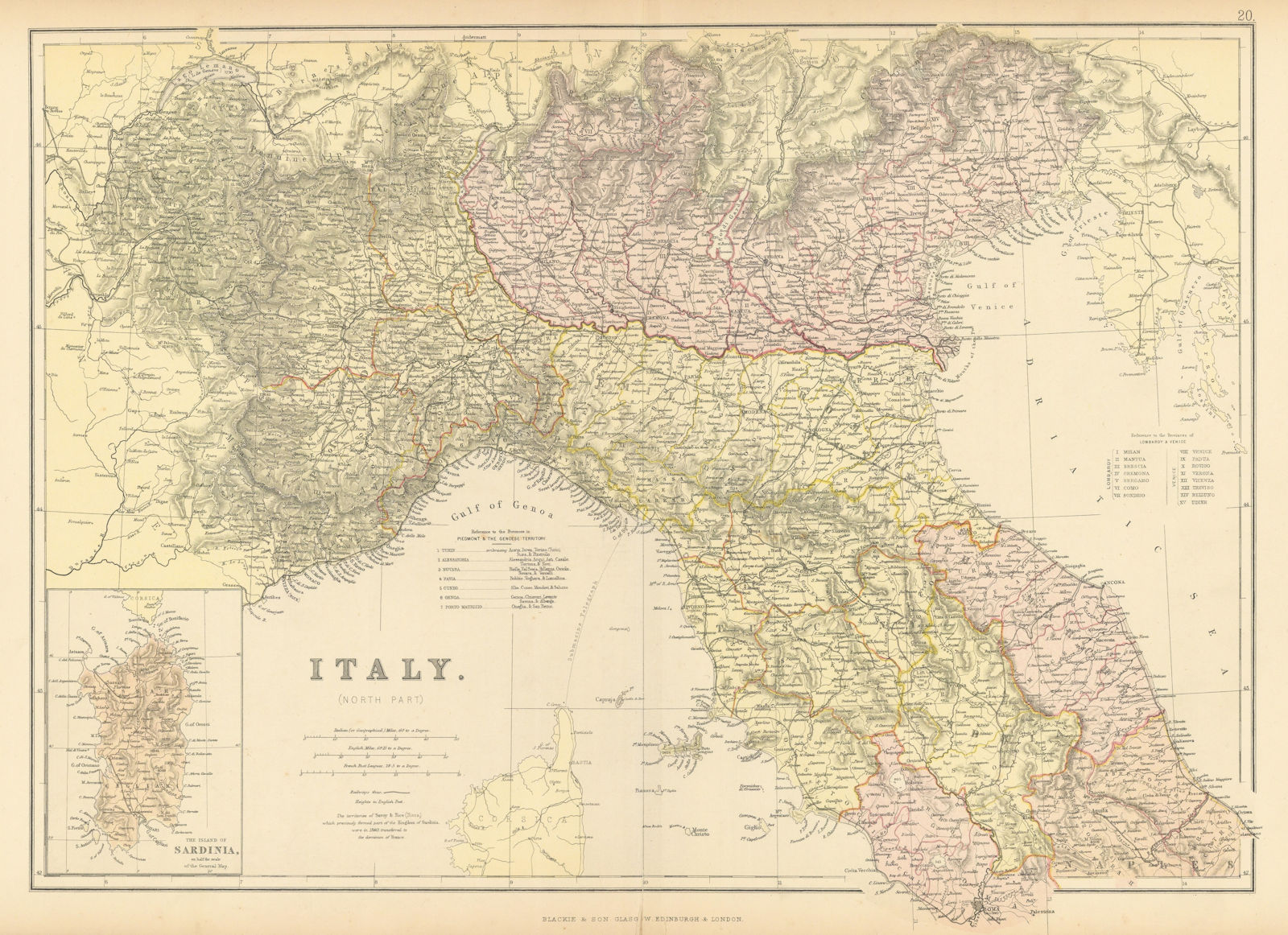 ITALY NORTH. Showing provinces & railways. BLACKIE 1886 old antique map chart
