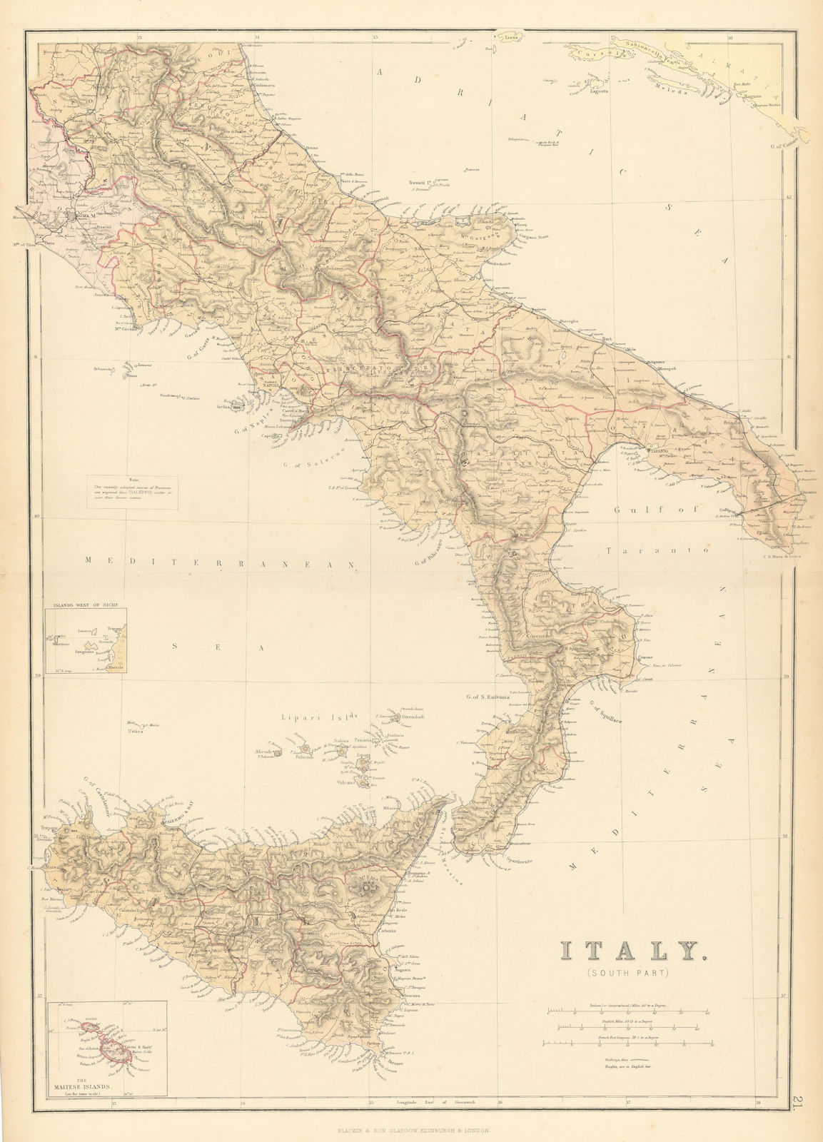ITALY SOUTH. showing new/old province names & railways. BLACKIE 1886 map