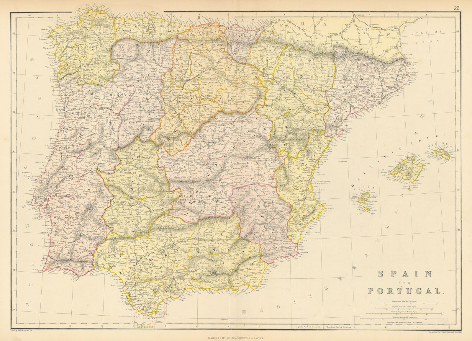 IBERIA. Spain Portugal Provinces.Scale in Spanish & Portuguese leagues 1886 map