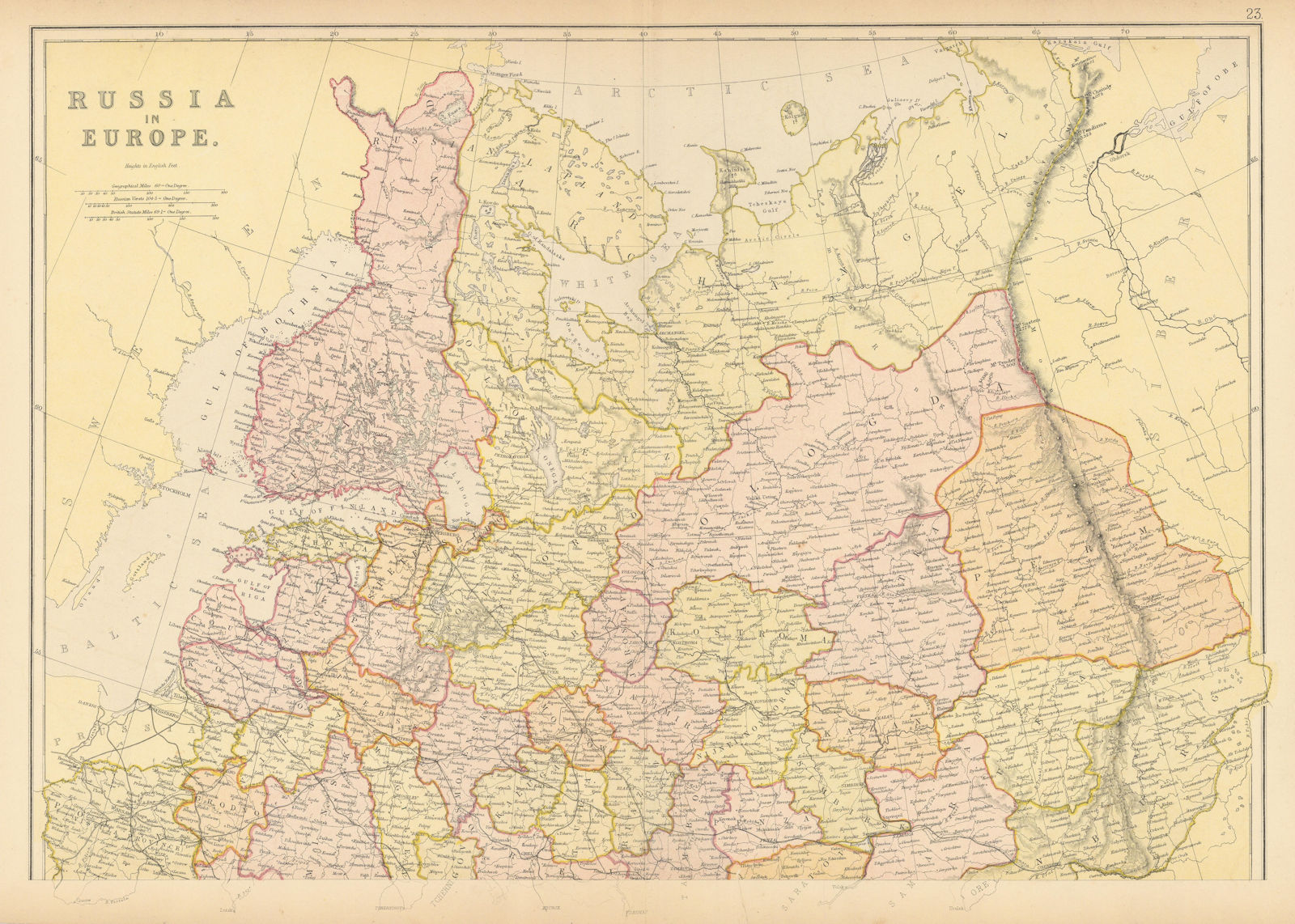 RUSSIA IN EUROPE NORTH. Showing Oblasts. Scale in Versts. BLACKIE 1886 old map