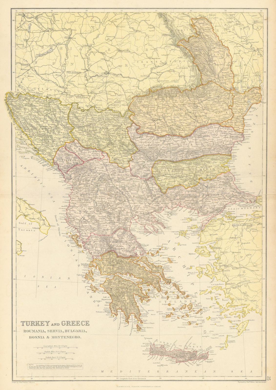 BALKANS.Turkey Greece.Roumelia Bulgaria Wallachia Servia Bulgaria 1886 old map