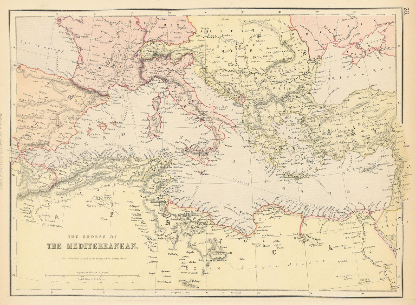 MEDITERRANEAN. Showing Telegraph cables. BLACKIE 1886 old antique map chart