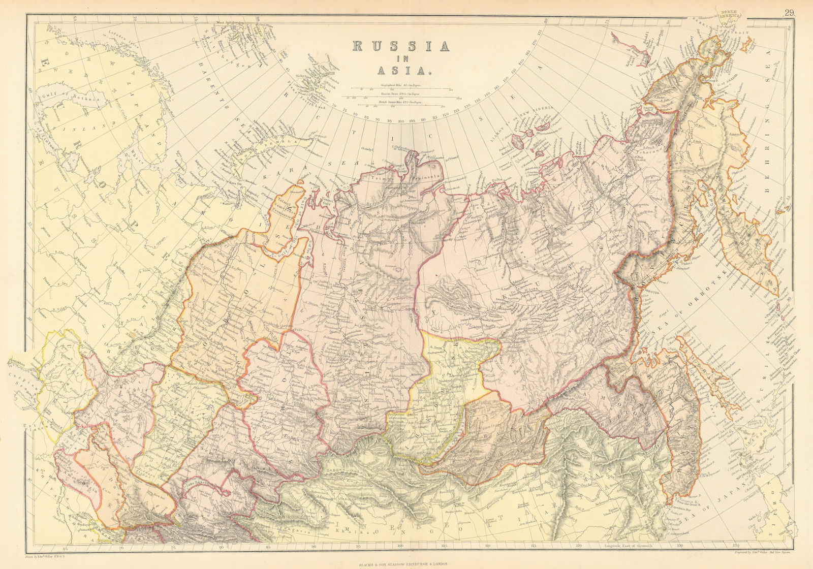 Associate Product RUSSIA IN ASIA. Siberia. Scale in Versts. Central Asia. BLACKIE 1886 old map