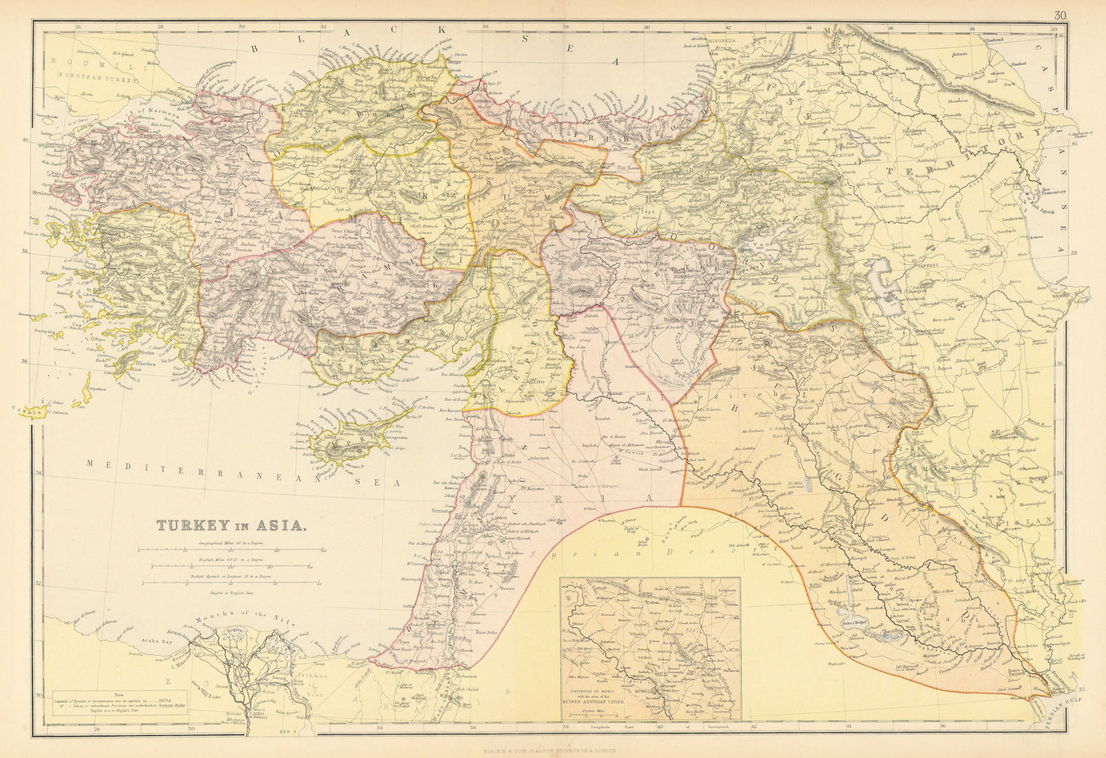 TURKEY IN ASIA. Scale in Agatch. Levant. Assyrian Cities. Eyalets Liwas 1886 map
