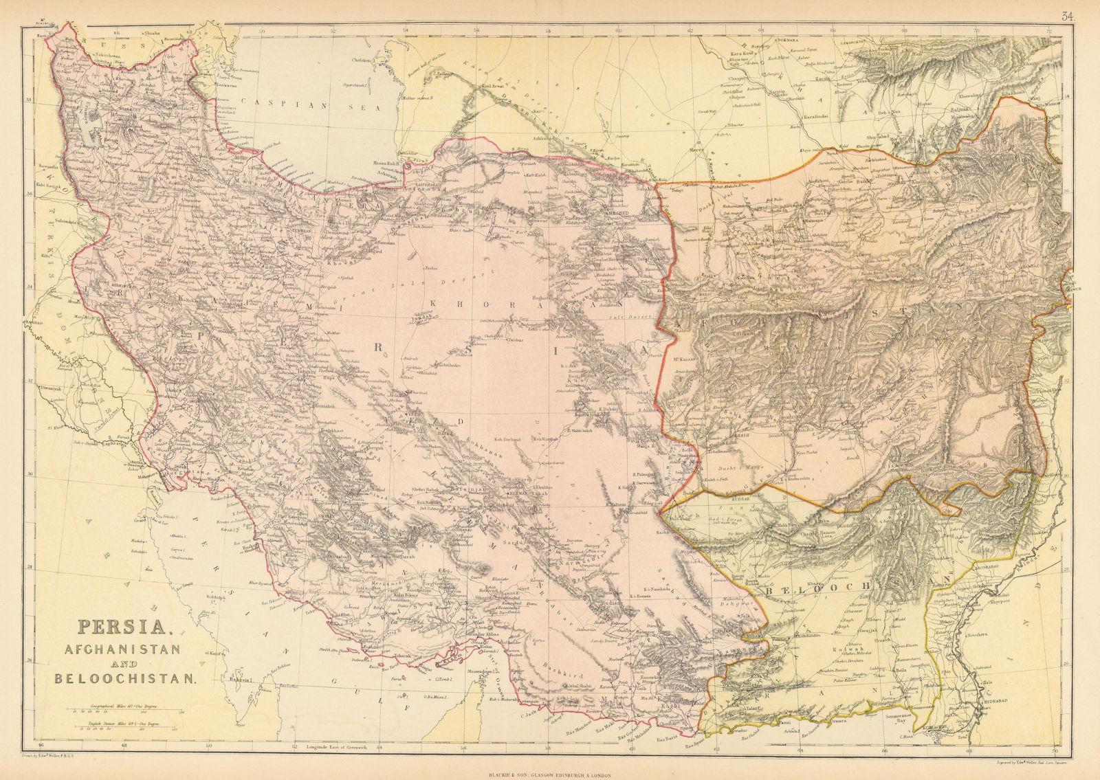 SW ASIA. Persia (Iran) Afghanistan Baluchistan. Persian Gulf. Caspian 1886 map