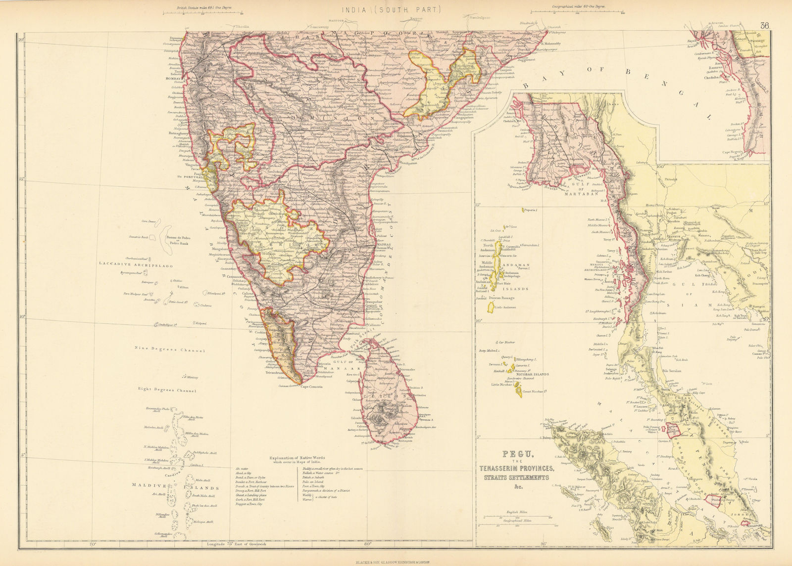BRITISH INDIA S. Pegu Tenasserim Straits Settlements Singapore Maldives 1886 map