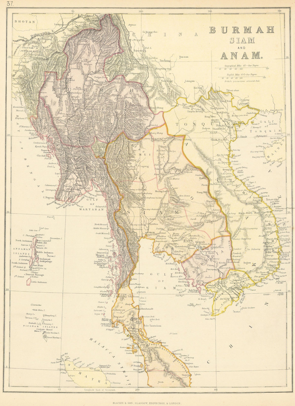 INDOCHINA. Burmah Siam Anam Malaya Karennee Cochinchina. BLACKIE 1886 old map