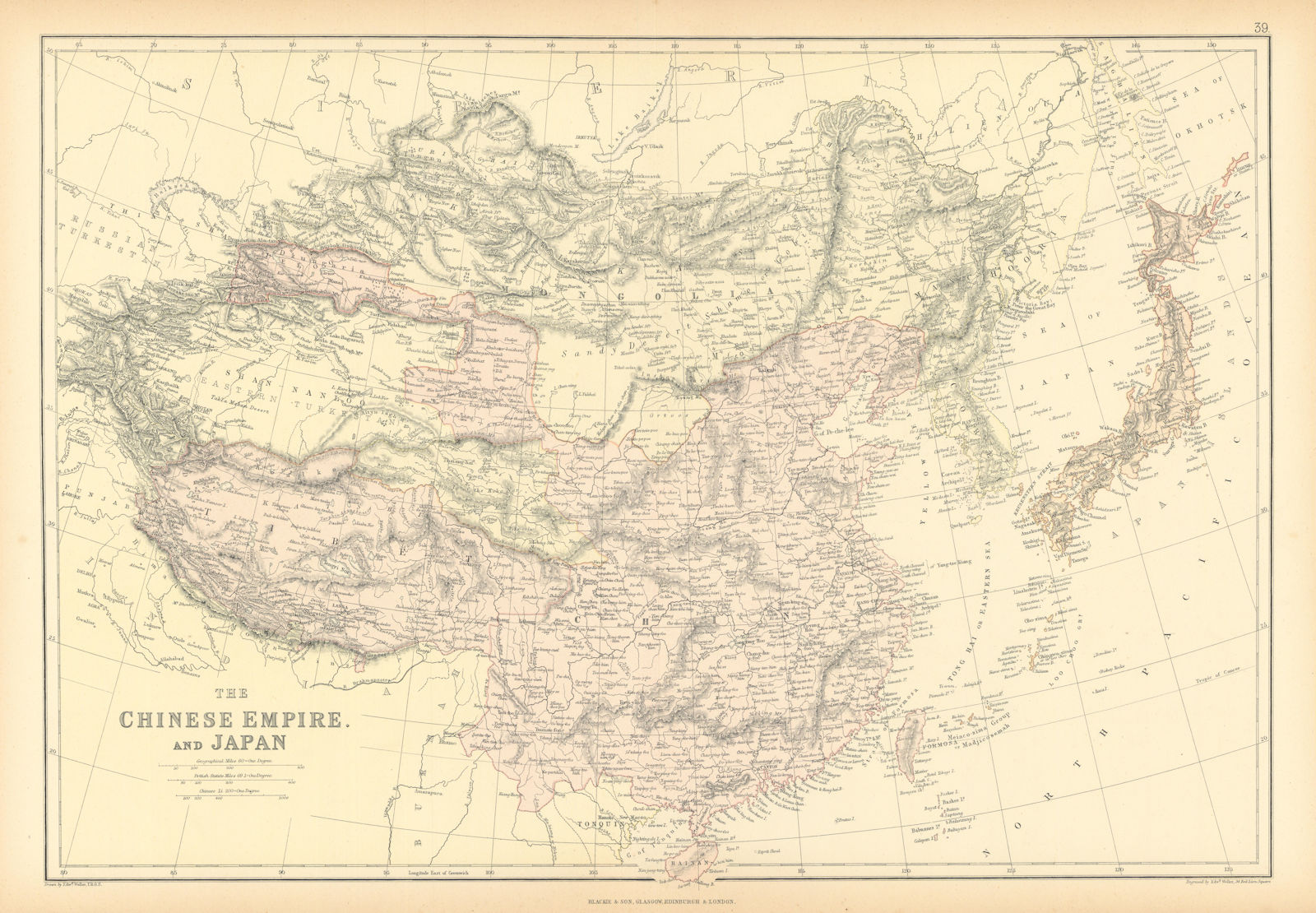 Associate Product EAST ASIA. Chinese Empire & Japan. Scale in Chinese Li. BLACKIE 1886 old map