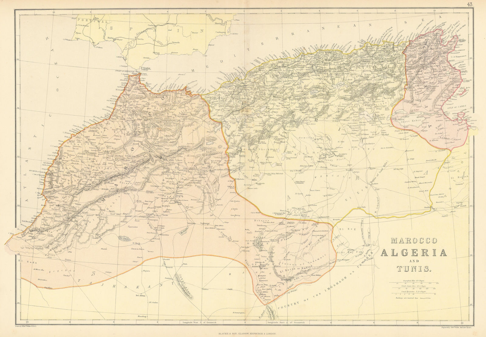 MAGHREB. North Africa. Marocco Algeria and Tunis. BLACKIE 1886 old antique map