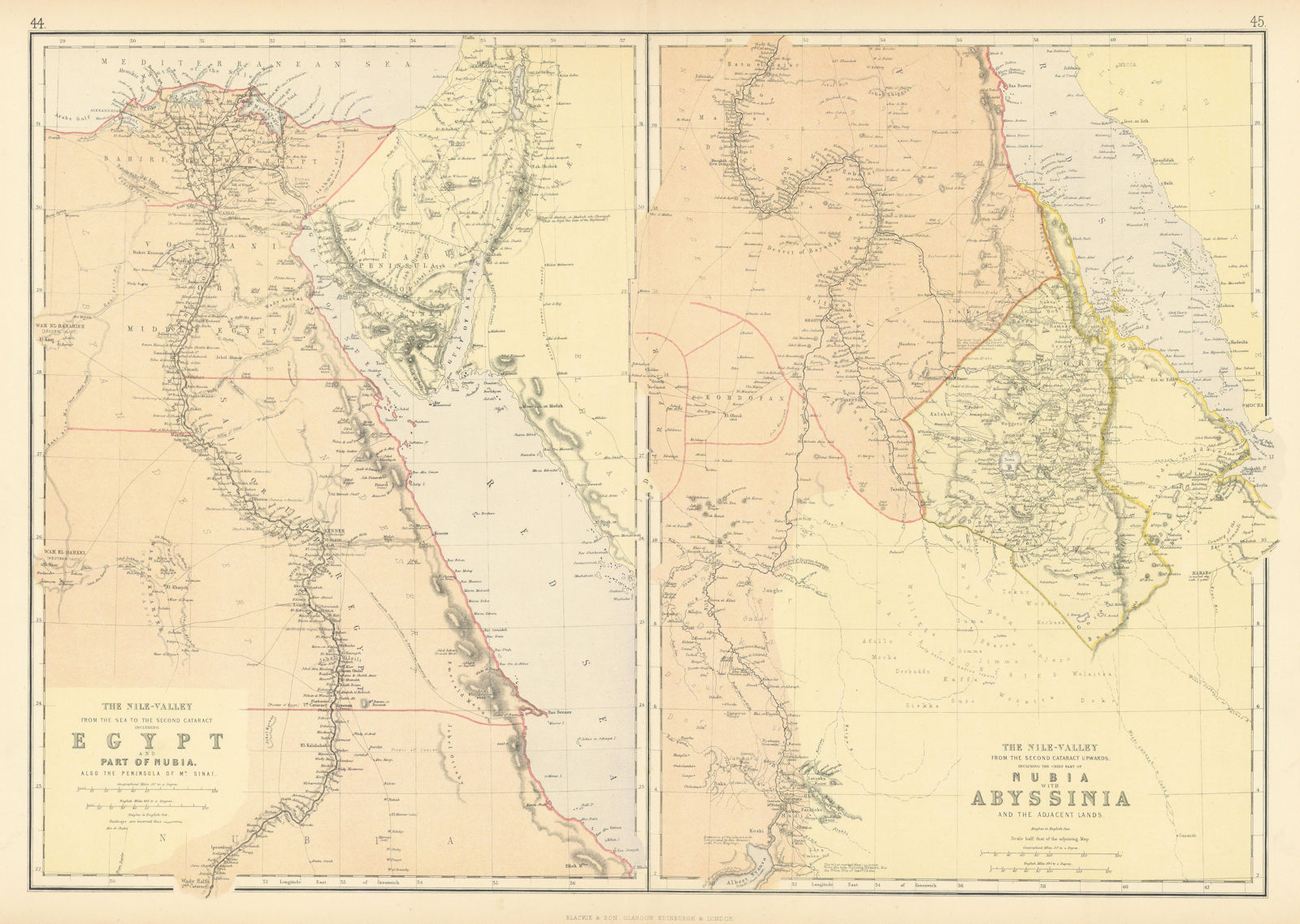 NILE VALLEY. Upper & Lower. Egypt Sinai Nubia Sudan Abyssinia. BLACKIE 1886 map