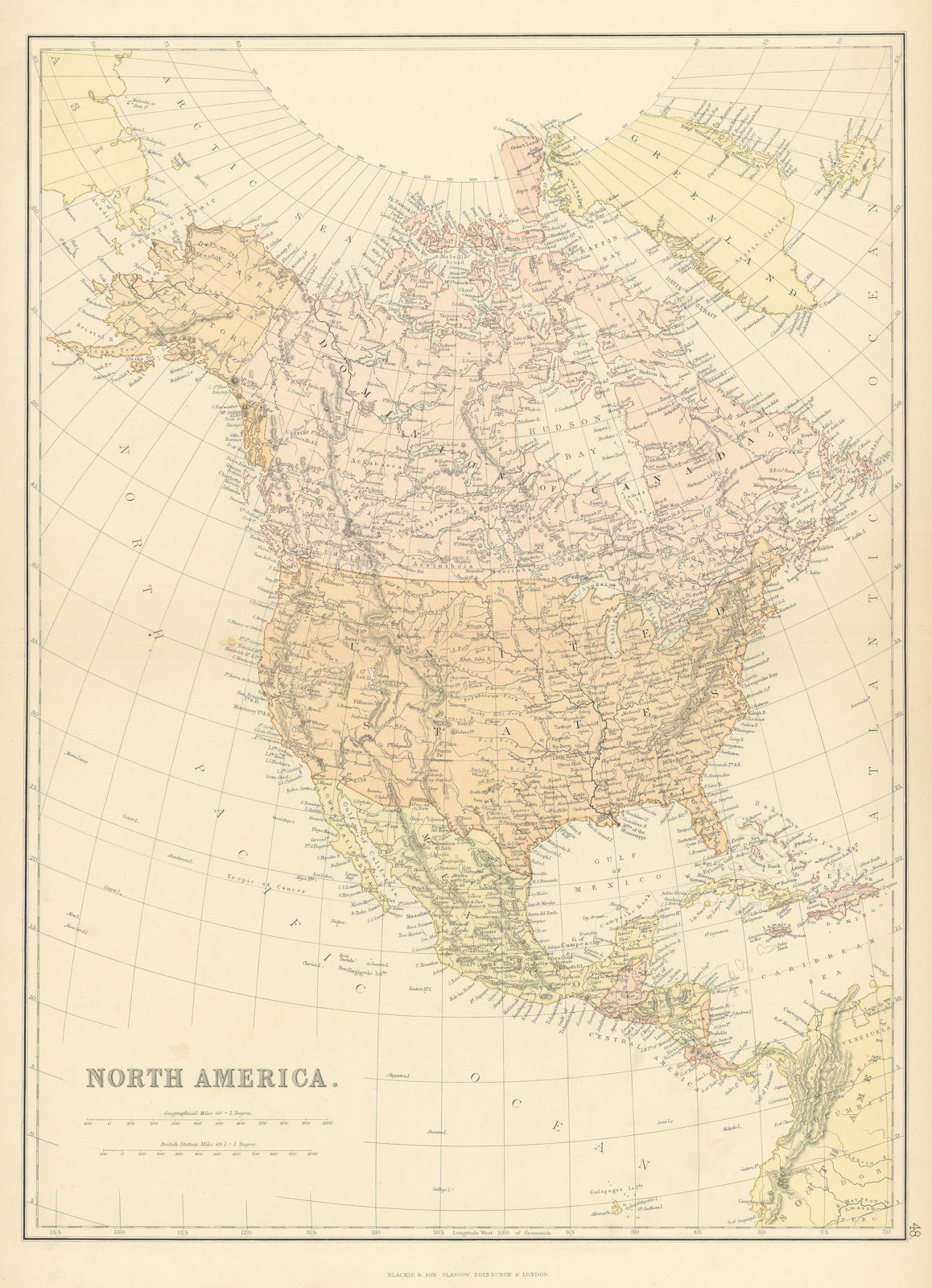 N AMERICA. USA Canada Caribbean. Shows "Mosquito reserva. ~. BLACKIE 1886 map