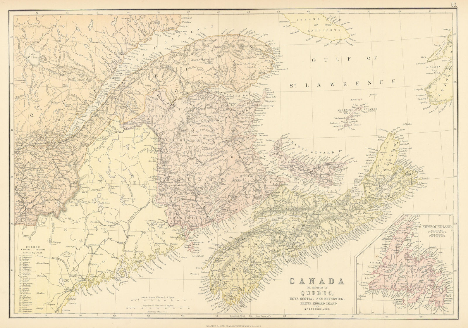 CANADA MARITIME PROVINCES. QC NS NB Prince Edward Island Newfoundland 1886 map