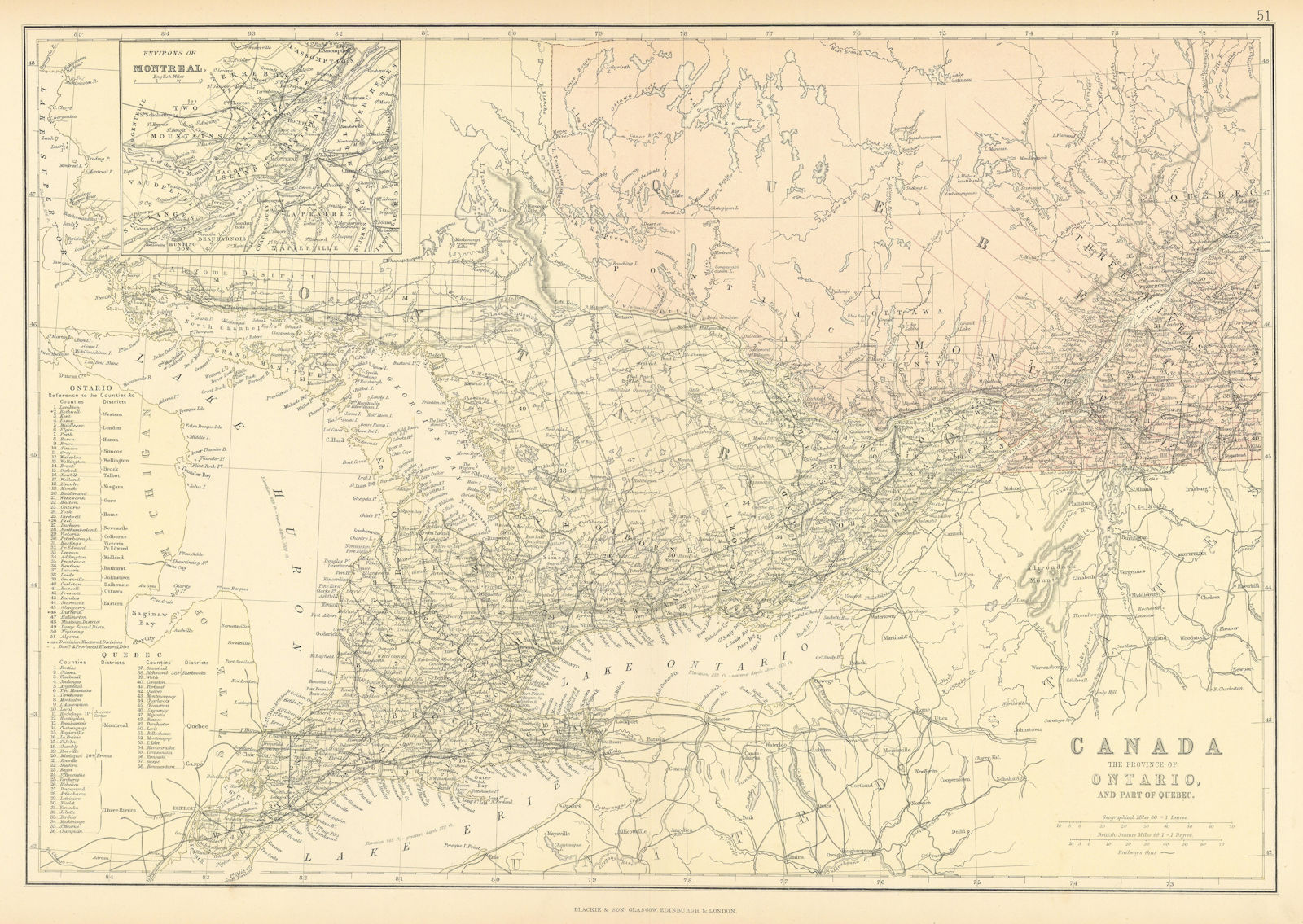 ONTARIO & QUEBEC. Shows counties. Montreal environs. Lake Huron.BLACKIE 1886 map