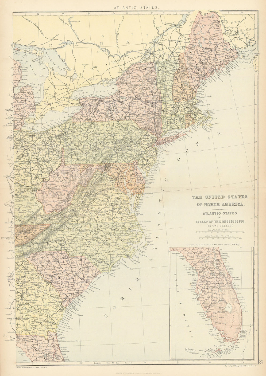 ATLANTIC STATES. New England Appalachians Carolinas Florida. Railroads 1886 map