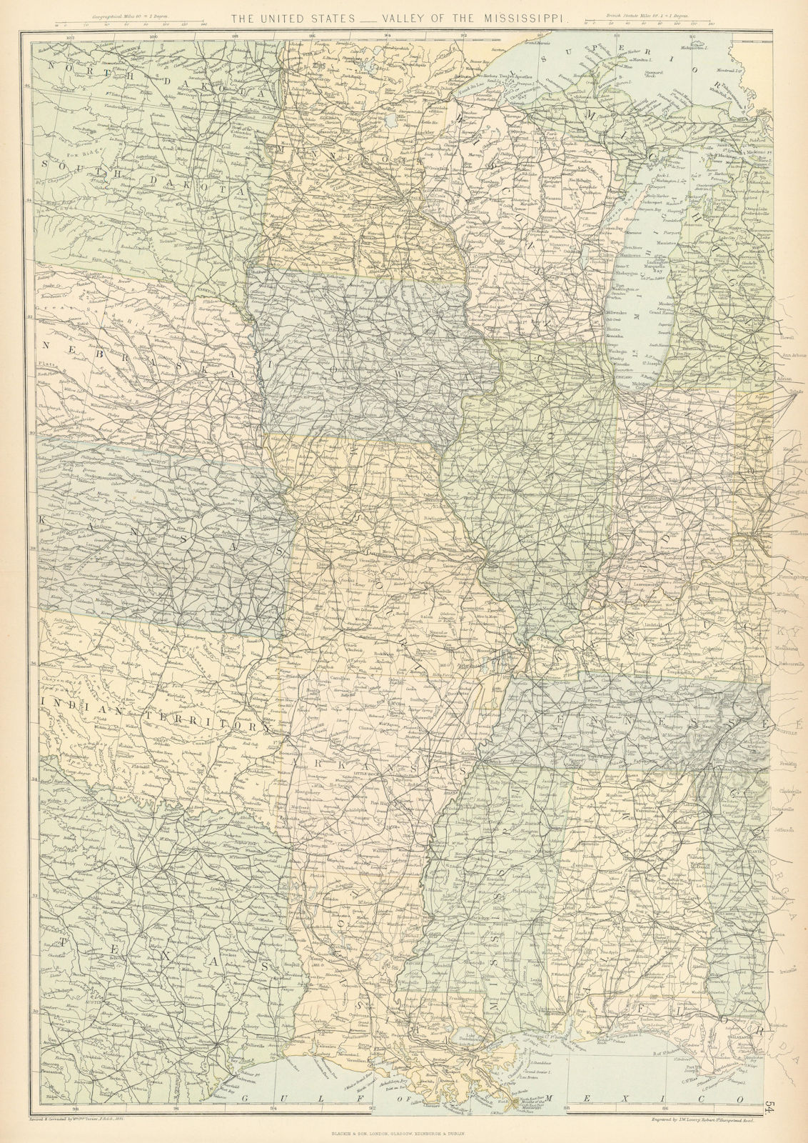 USA MISSISSIPPI VALLEY. LA AR Alabama Missouri Illinois Indiana IA WI 1886 map