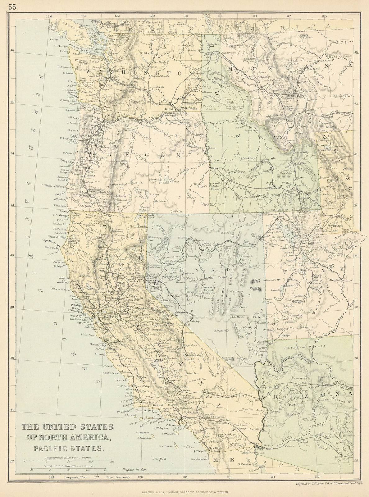 USA PACIFIC STATES. California Oregon Washington Idaho Nevada.Railroads 1886 map