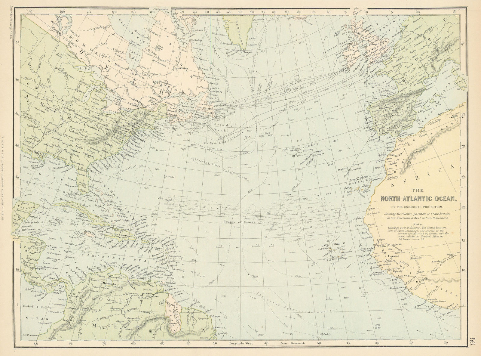 Associate Product NORTH ATLANTIC OCEAN. Telegraph cables/dates. Ocean currents/velocities 1886 map