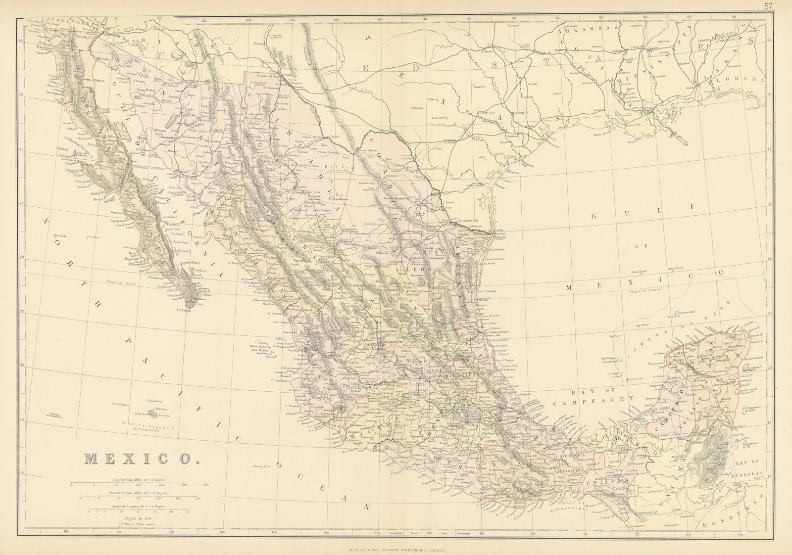 MEXICO. Showing states. Scale in Spanish Leagues. BLACKIE 1886 old antique map