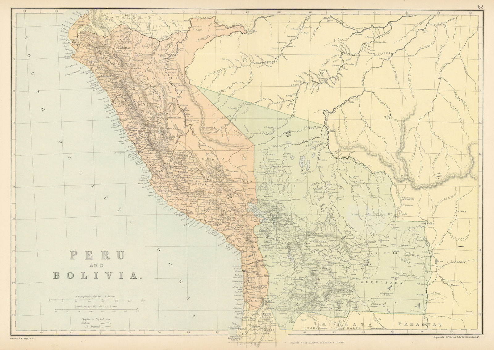 PERU & BOLIVIA W/LITORAL. < Pacific War borders.Planned La Paz railway 1886 map