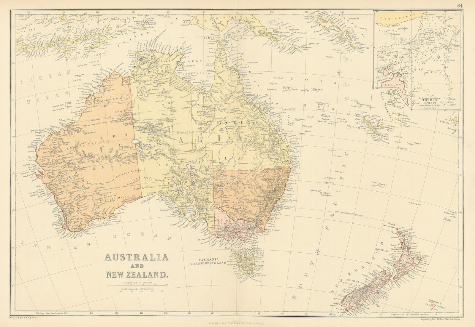 AUSTRALASIA. Australia New Zealand. Inset Torres Strait detail. BLACKIE 1886 map