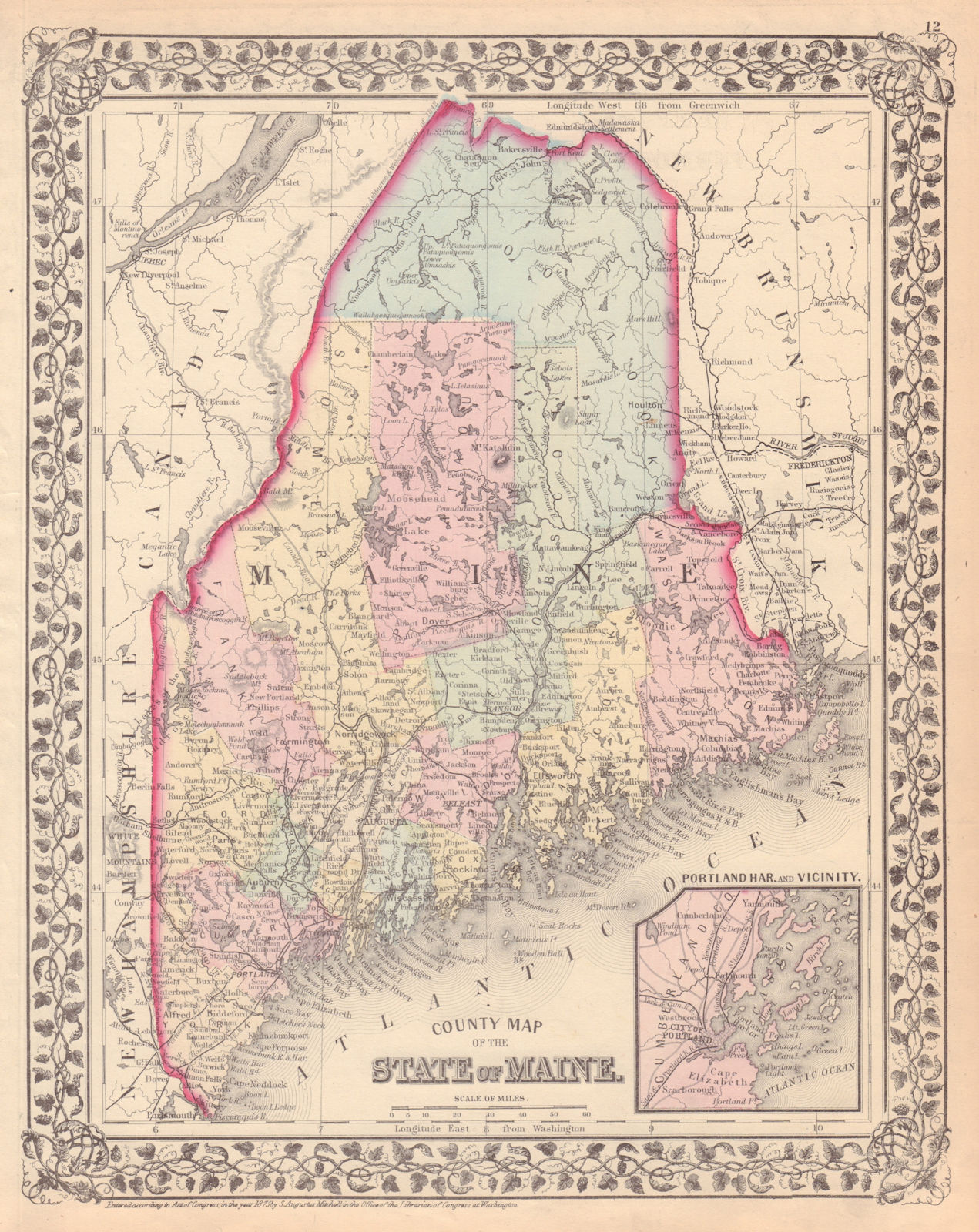 Associate Product County Map of the State of Maine by S. Augustus Mitchell 1875 old antique