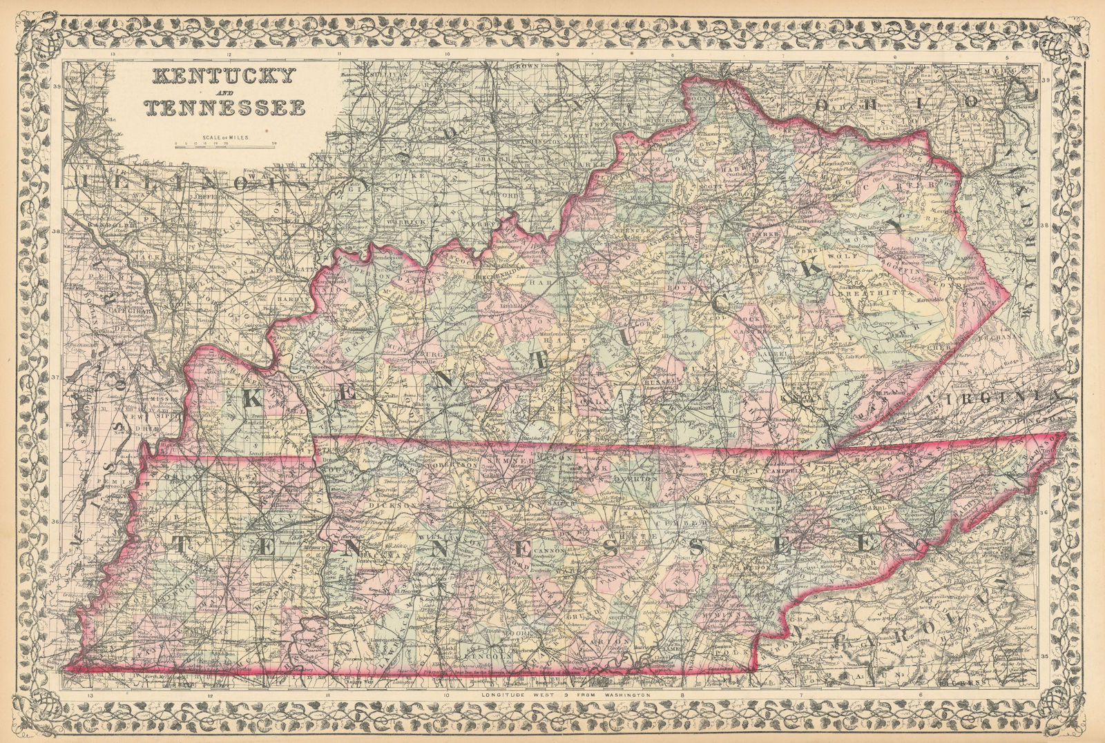 Kentucky and Tennessee by S. Augustus Mitchell 1875 old antique map plan chart