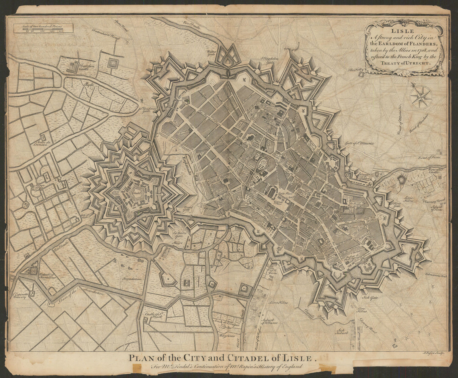 Plan of the City & Citadel of Lisle a strong & rich city… Lille BASIRE c1759 map
