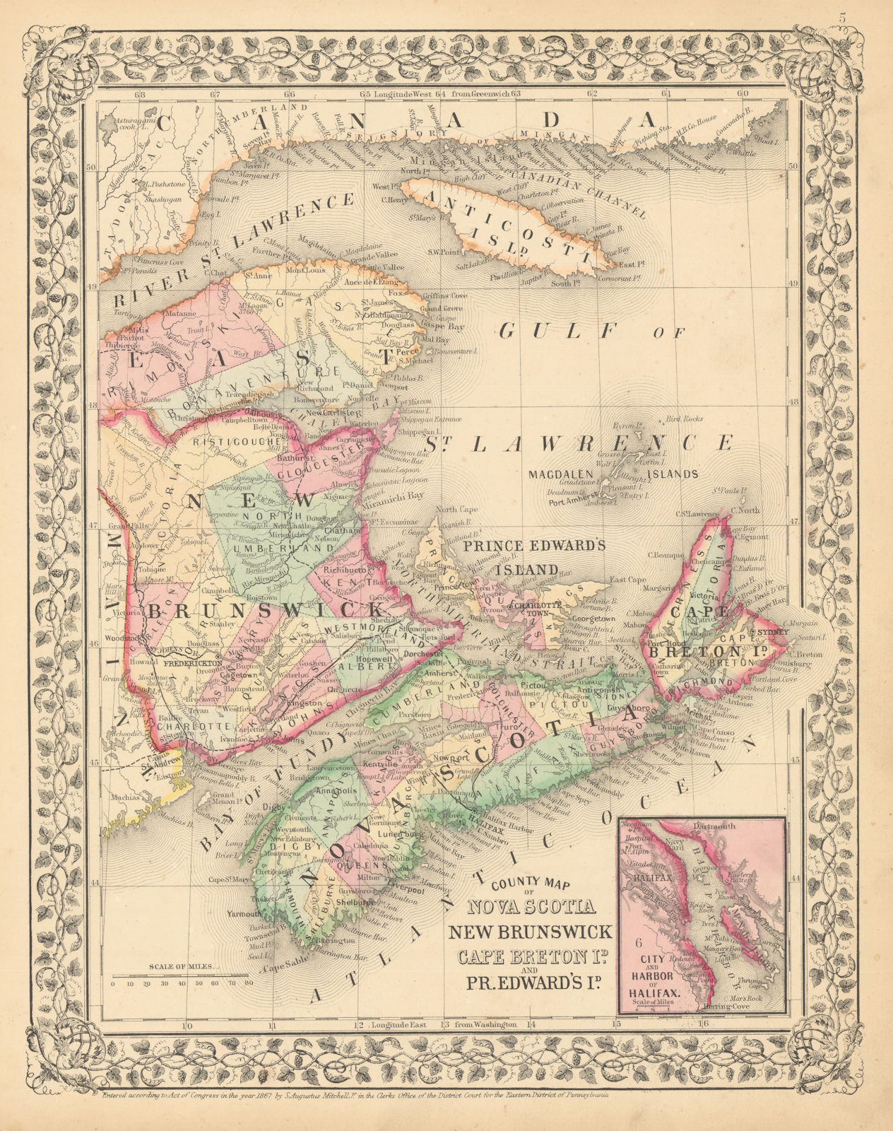 Nova Scotia, New Brunswick, Cape Breton Island & PEI. Canada. MITCHELL 1869 map