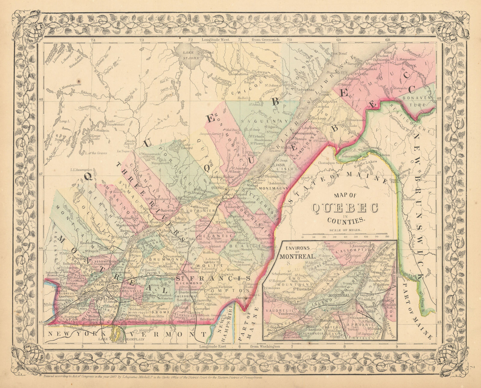 Associate Product Map of Quebec in Counties. Montreal. St. Lawrence. Canada. MITCHELL 1869