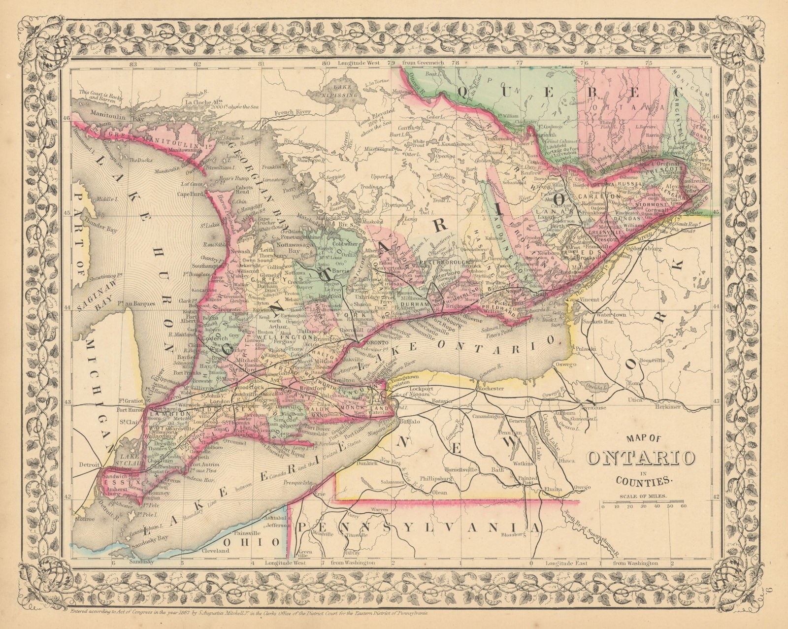 Ontario in Counties by Samuel Augustus Mitchell. Great Lakes. Canada 1869 map