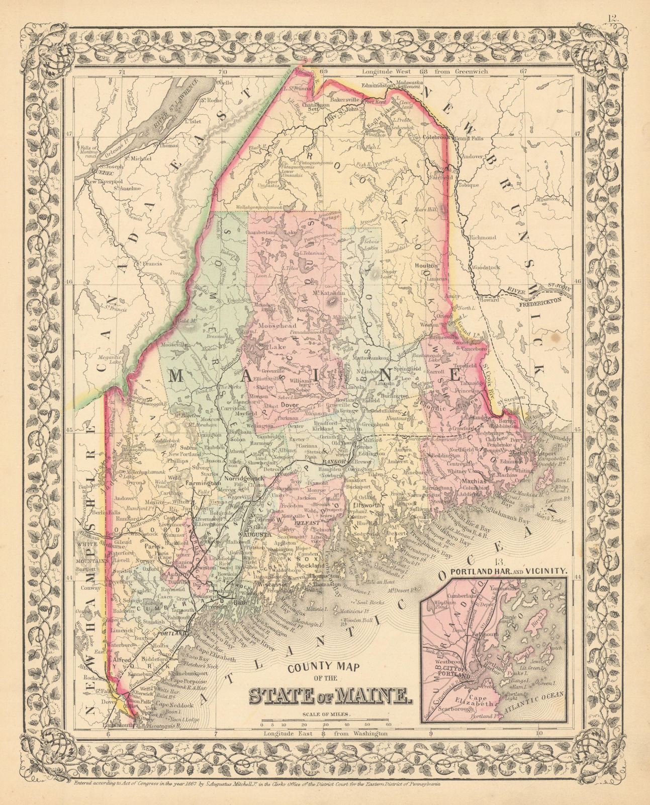 County map of the State of Maine. S. Augustus Mitchell. Portland Harbor 1869