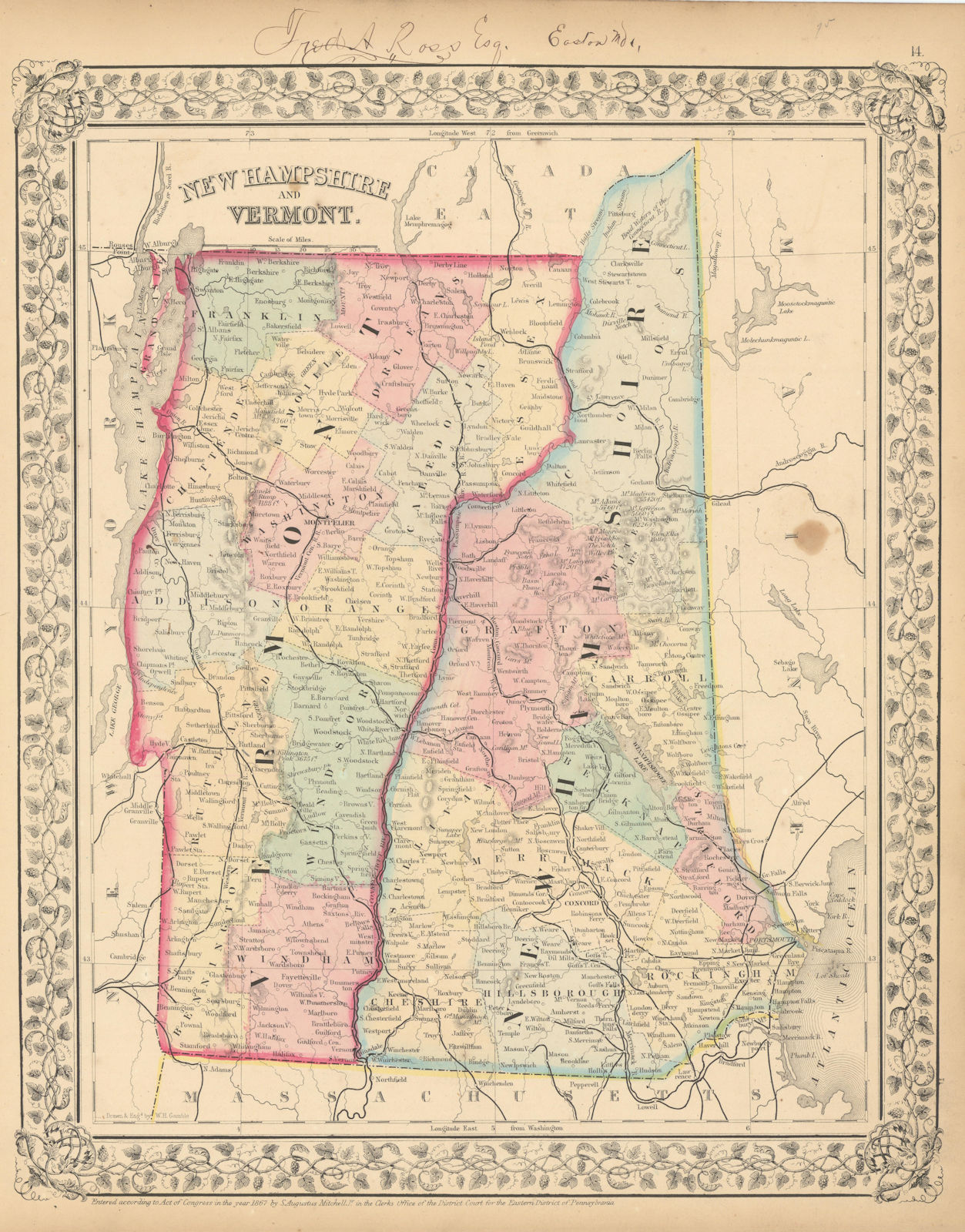 Associate Product New Hampshire and Vermont State map in counties by S. Augustus Mitchell 1869