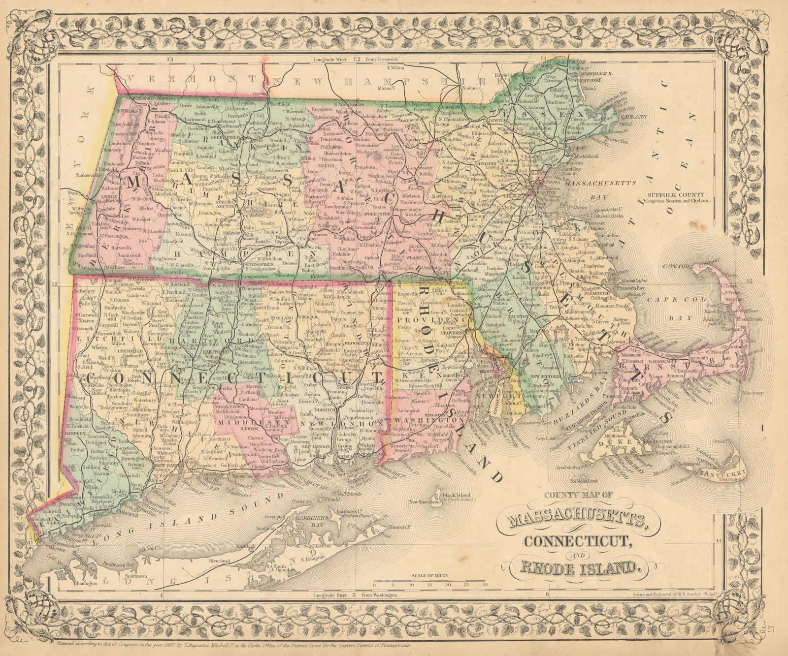 County map of Massachusetts, Connecticut, and Rhode Island. MITCHELL 1869