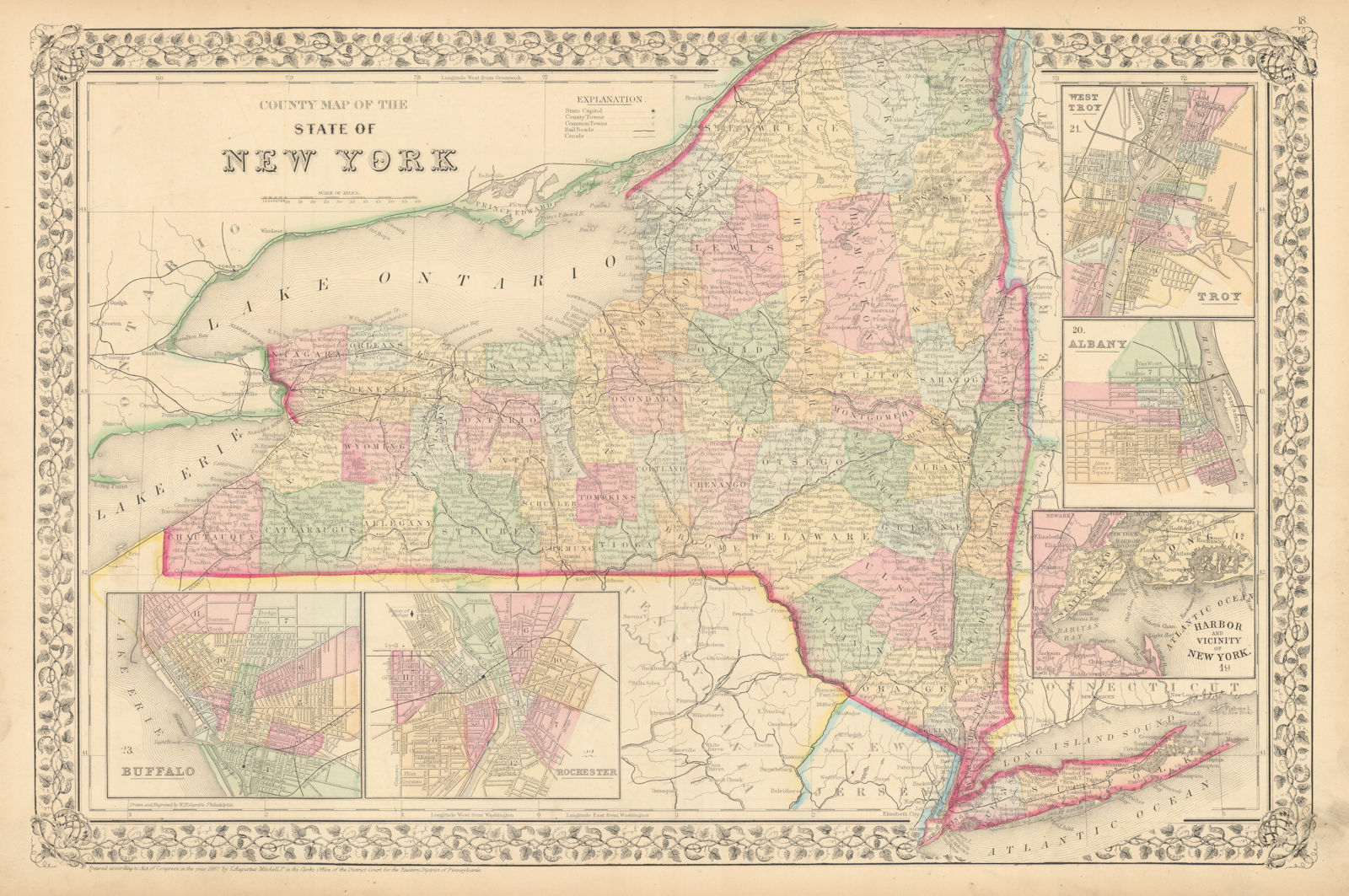 Associate Product County map of the State of New York. Albany Troy Rochester Buffalo MITCHELL 1869