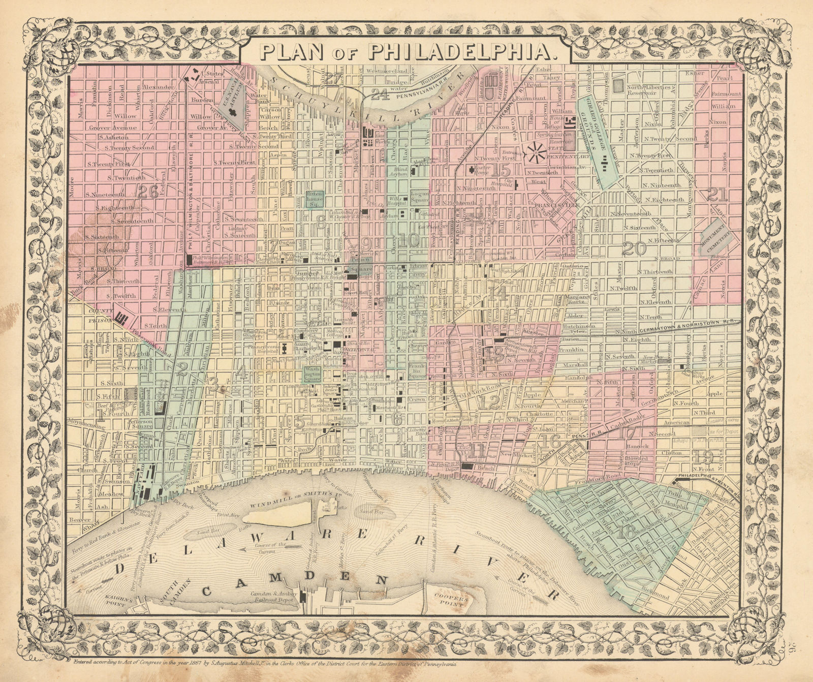 Associate Product City "Plan of Philadelphia" by Samuel Augustus Mitchell 1869 old antique map