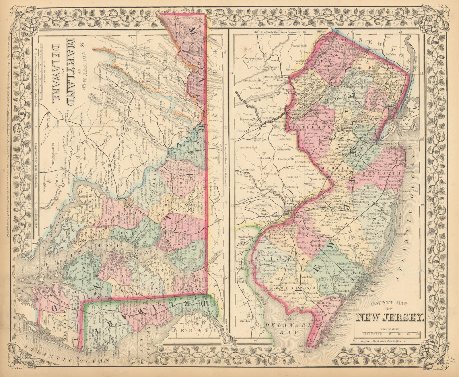 Associate Product County maps of New Jersey, Maryland & Delaware. State maps. MITCHELL 1869