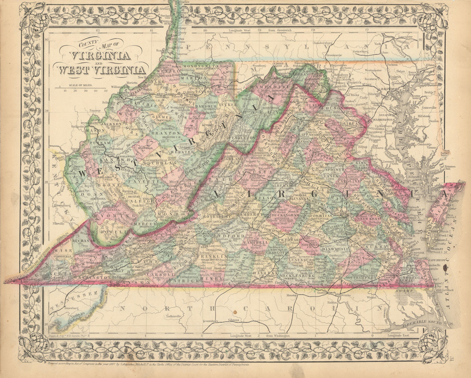 County map of Virginia and West Virginia by Samuel Augustus Mitchell 1869