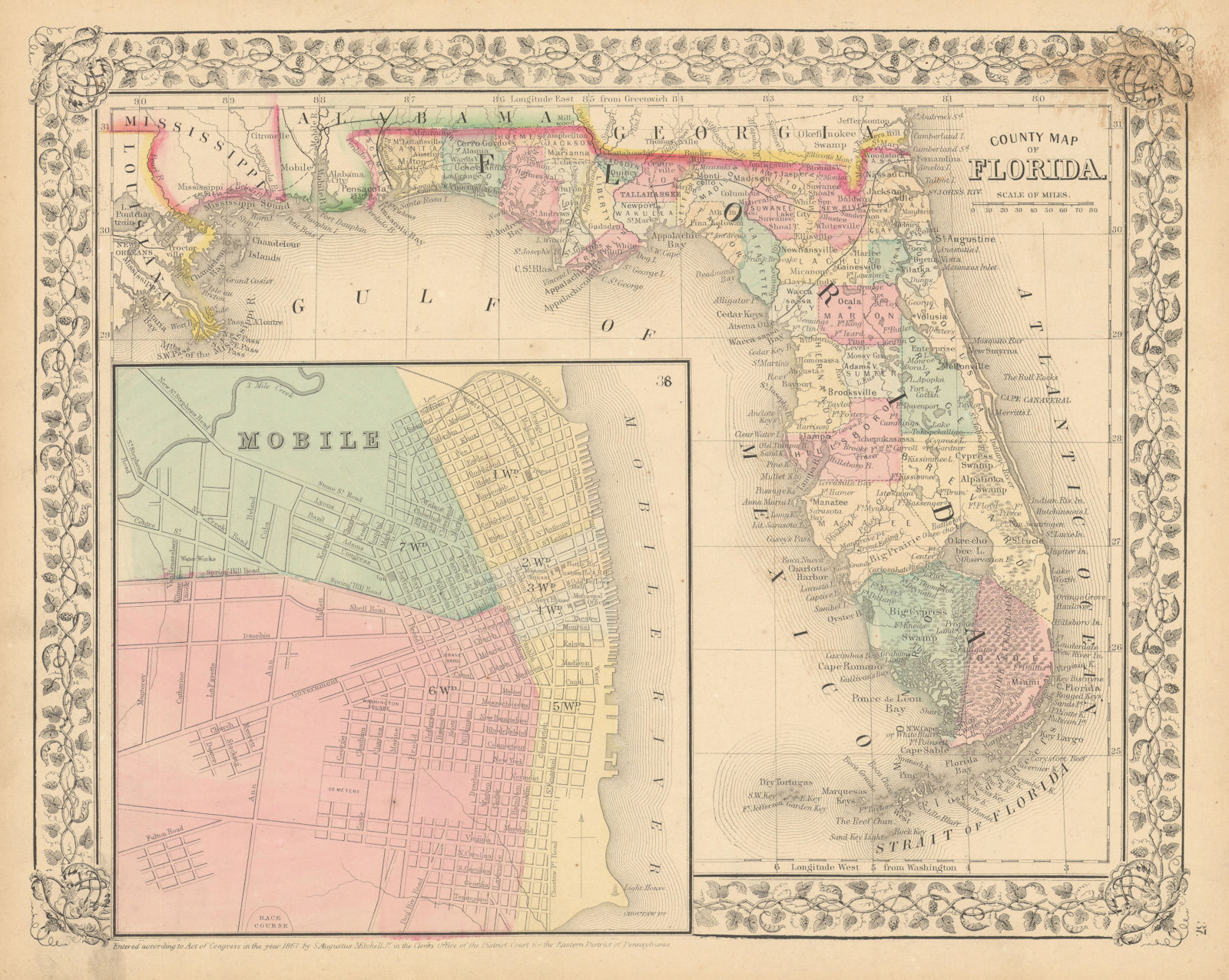 County map of Florida with Mobile city plan by Samuel Augustus Mitchell 1869