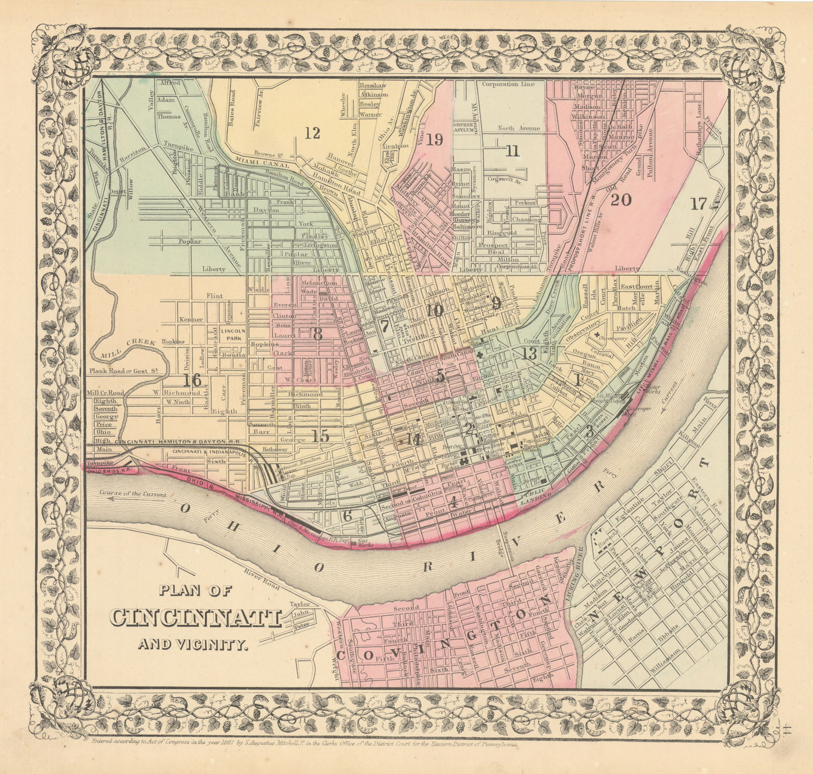 City "Plan of the City of Cincinnati…" by Samuel Augustus Mitchell 1869 map