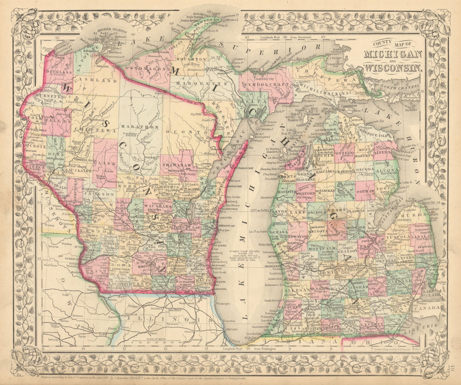 County map of Michigan and Wisconsin by S. Augustus Mitchell. State map 1869