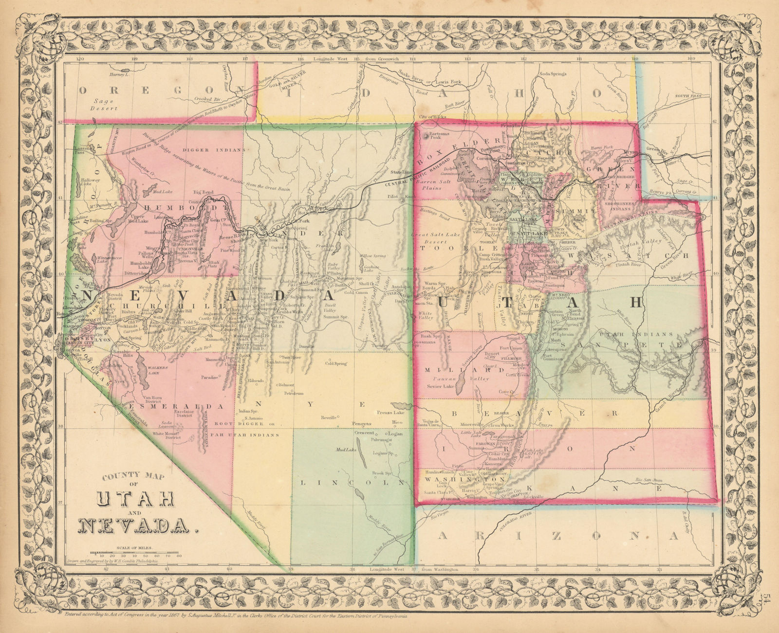 County map of Utah and Nevada by Samuel Augustus Mitchell. State map 1869