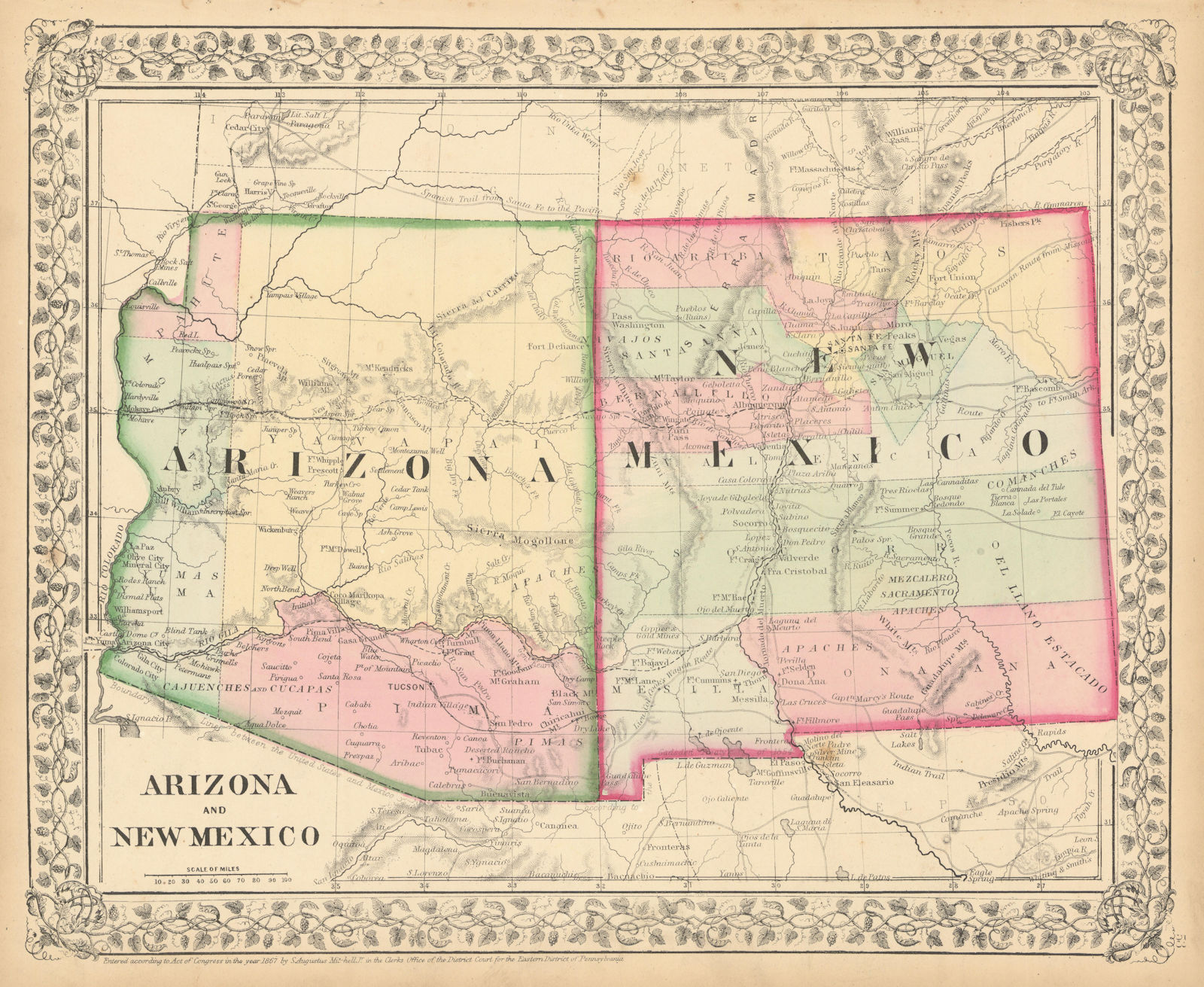Associate Product Arizona and New Mexico by Samuel Augustus Mitchell. State map. Counties 1869