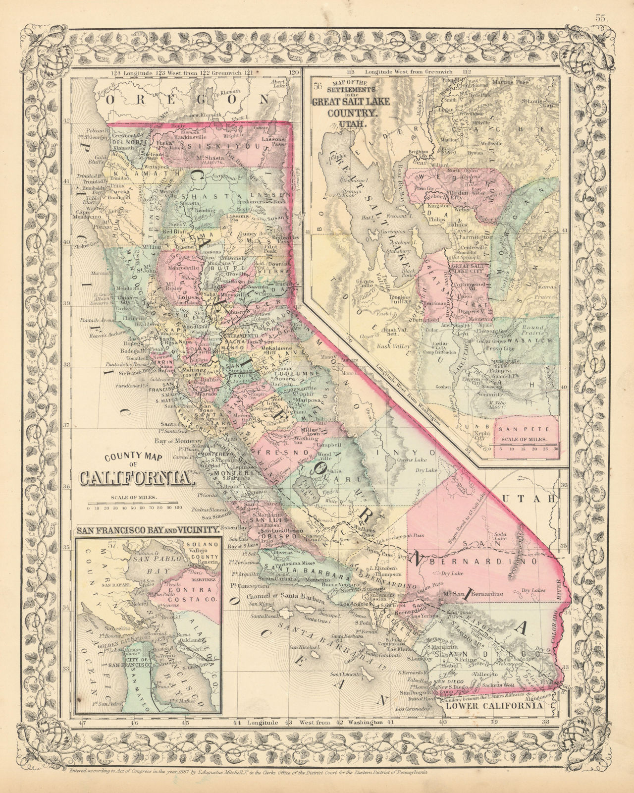 County map of California. The Great Salt Lake Country, Utah. MITCHELL 1869