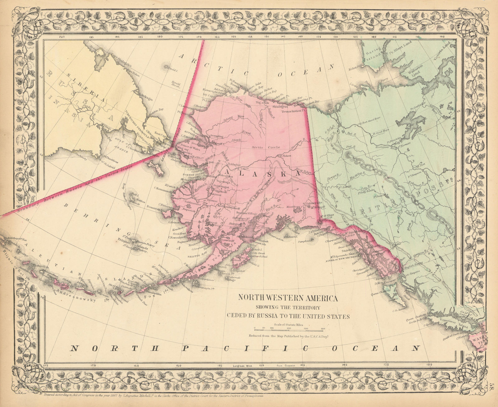 Northwestern America showing… Territory ceded by Russia Alaska MITCHELL 1869 map