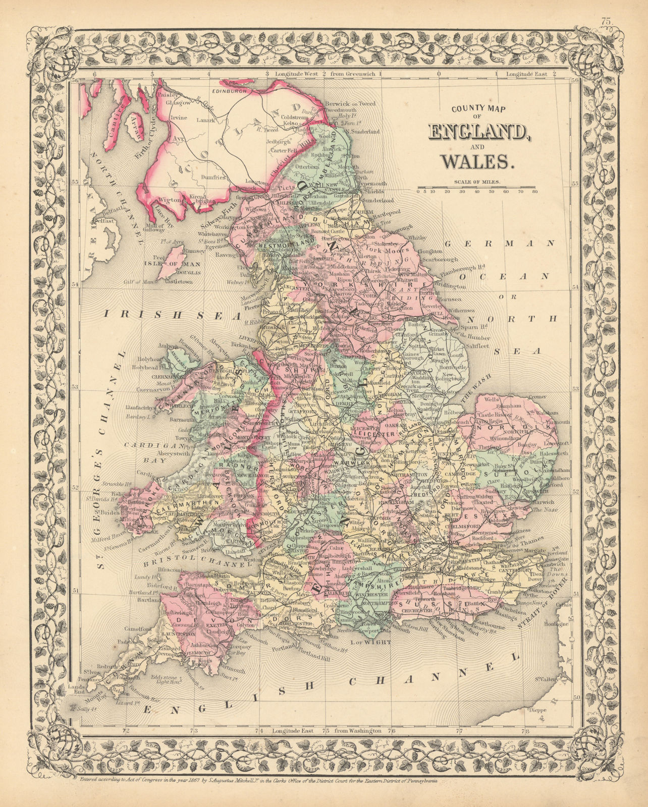 County map of England and Wales by Samuel Augustus Mitchell 1869 old