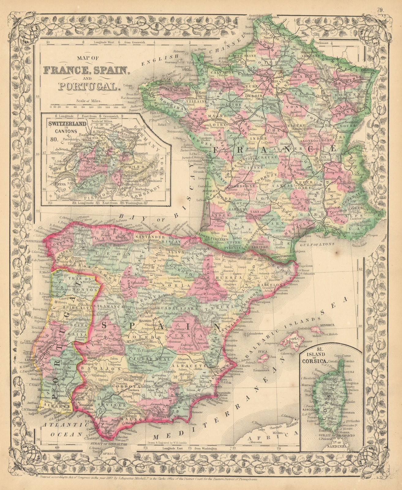 Associate Product Map of France, Spain, and Portugal. Switzerland in Cantons. MITCHELL 1869