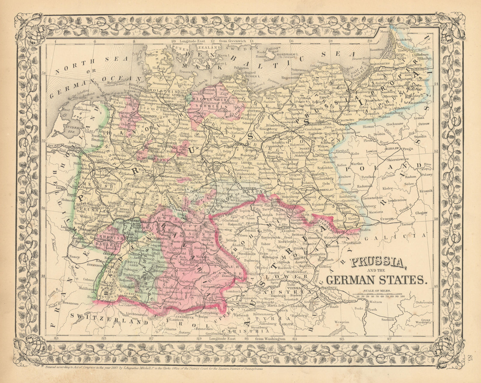 Prussia and the German States by Samuel Augustus Mitchell. Poland 1869 old map